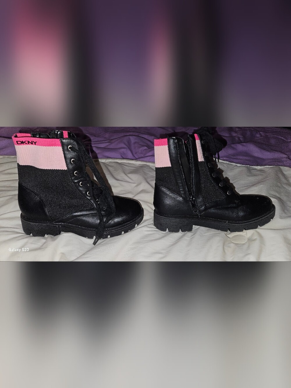 DKNY Black Leather Lace-Up Boots with Pink Knit Cuff Size 1 Girls